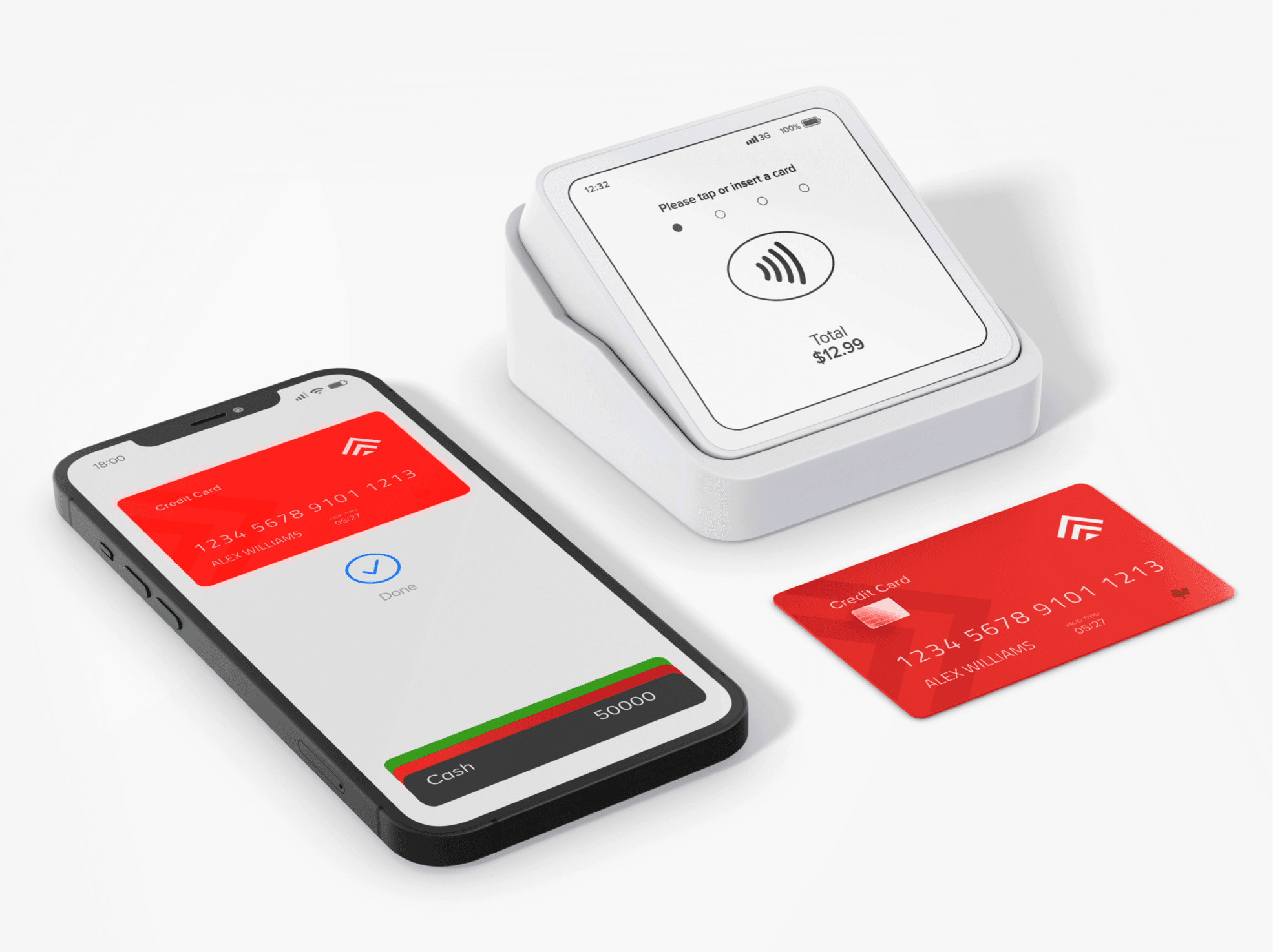 POS payment terminal and phone with red credit cards
